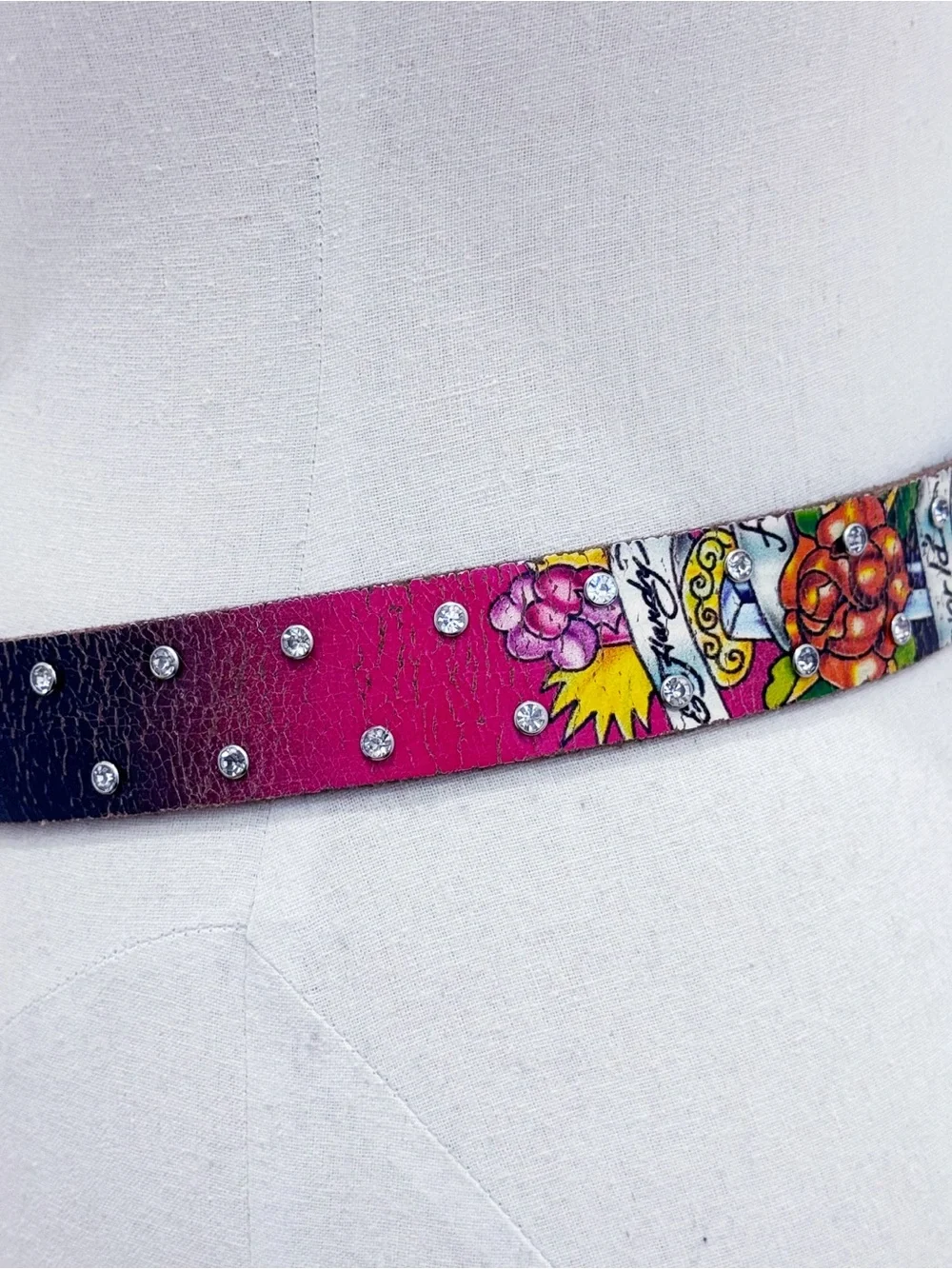 Vtg Ed Hardy Rocker Roses Crystal Studded Leather Belt XL